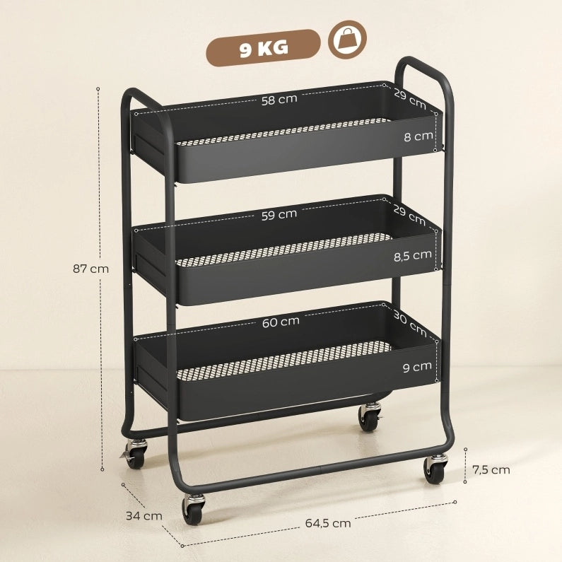 Carrello da cucina a 3 livelli in metallo nero