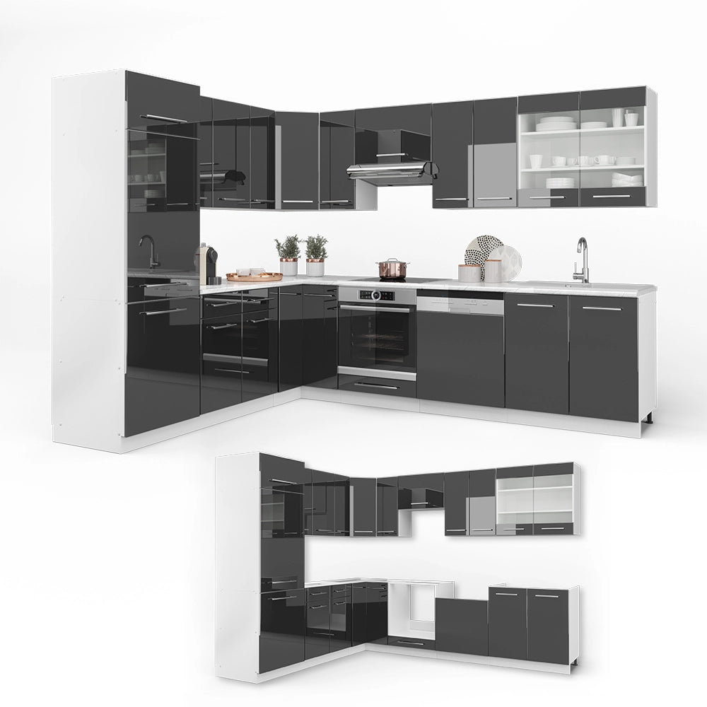 Cucina angolare completa Fame-Line Antracite lucido/Bianco 287 x 227 cm, PL Marmo Vicco