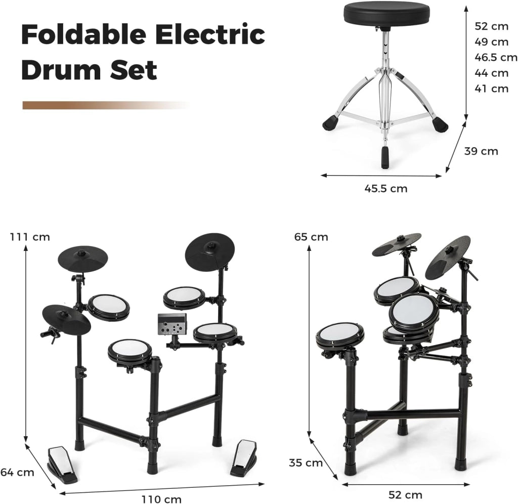 Batteria elettronica con pad, batteria musicale con 150 suoni, 10 dimostrazioni, piatti da 24 cm, strumento musicale con sgabello regolabile, pedali, bacchette e auricolari, USB MIDI