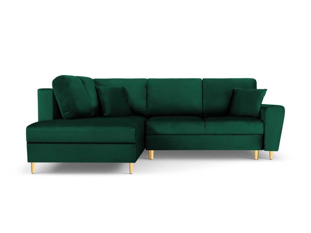 Cosmopolitan Design - Divano convertibile angolare sinistro con contenitore "Kyoto" 5 posti in velluto verde bottiglia 