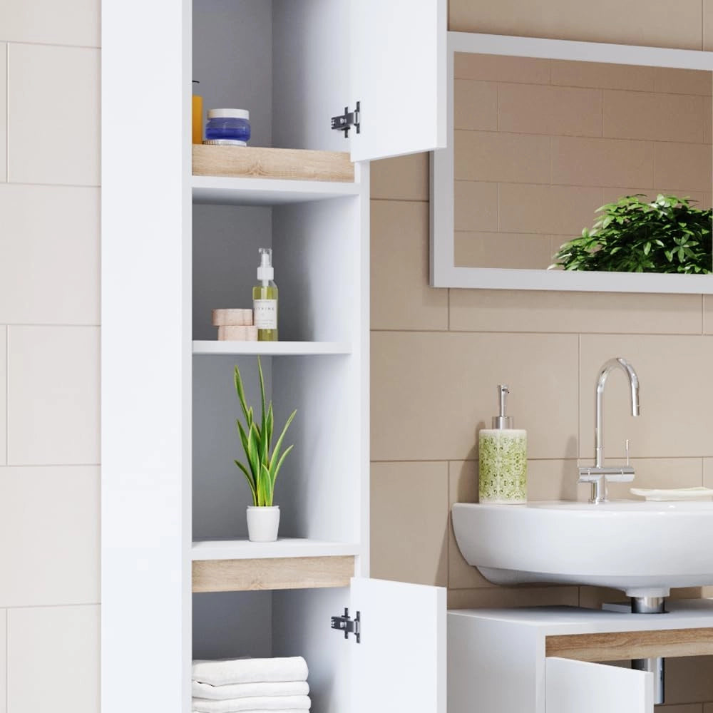 Mobile bagno alto Emma, Bianco/Sonoma, 30 x 190 cm, combinabile con la serie Emma per l'organizzazione in bagno