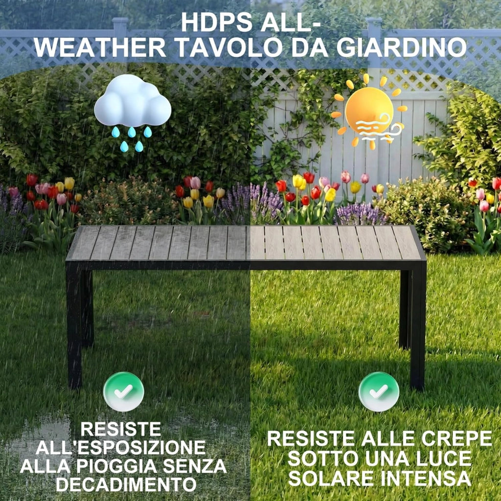 Tavolo da Giardino HDPS Resistente alle Intemperie, 189 x 80 x 74 cm Tavolino da Esterno Finitura a Vena di Legno e Facile da Manutenzionare, Tavolo da Pranzo Esterno per 6 a 8 Persone (Grigio)