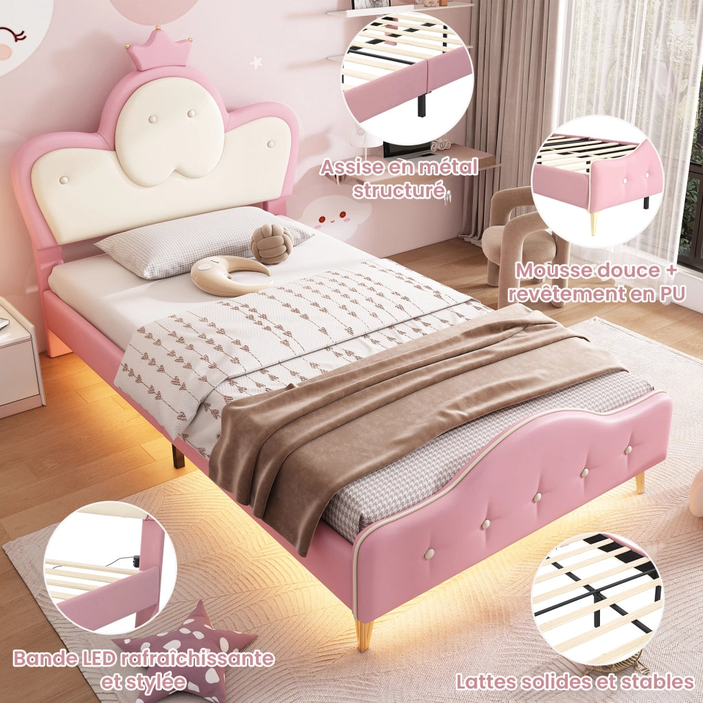 Letto per Bambini 90 x 200 cm; Letto Singolo - LED e Bordi Morbidi - PU Rosa e Bianco