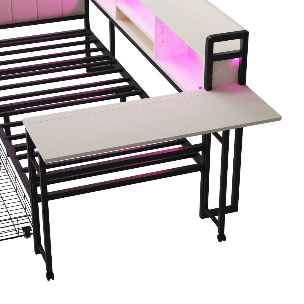 Letto Singolo con LED, Cassetti e Scrivania ¨C MINIMAL ¨C Metallo Bianco 90x200