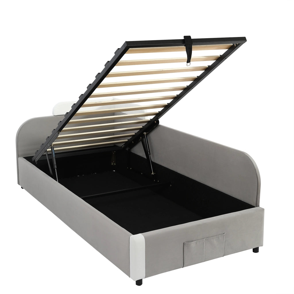 Letto Singolo 90x200 cm; Letto con Contenitore; Tasca portaoggetti; Sponda imbottita e Maniglie a cinghia