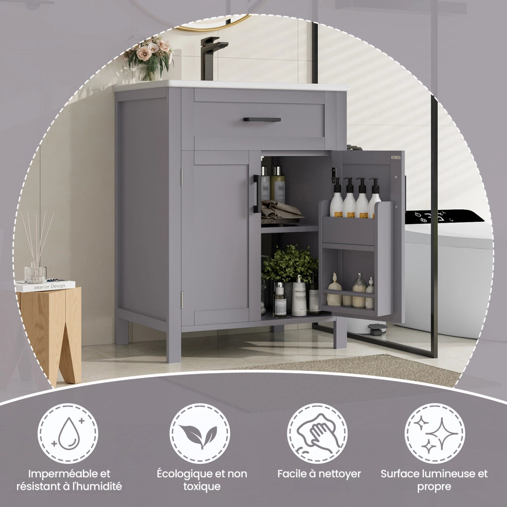 Mobile sottolavabo con lavabo in ceramica, 2 ante, 1 cassetto e ripiano regolabile, per bagno, grigio, 60 × 46 × 84,8 cm