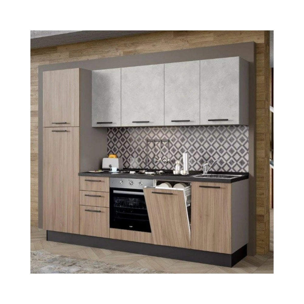 Cucina lineare moderna elettrodomestici inclusi Licola 255 noce chiaro e spatolato