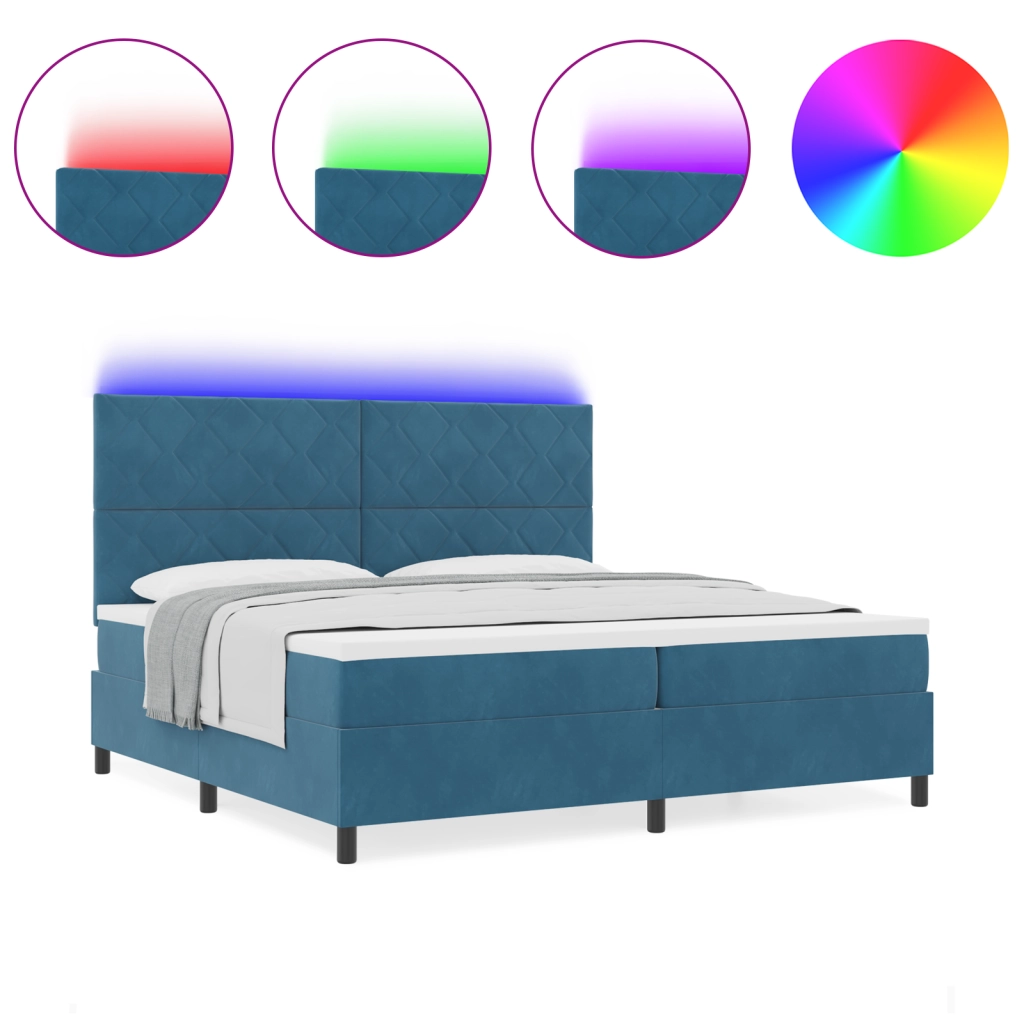 Letto con Box a Molle e Materasso & LED Blu Scuro 200x200 cm Velluto