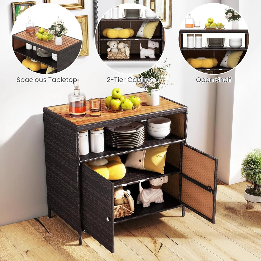 Armadietto da Giardino in Rattan con Piano di Lavoro e Scaffale, Ideale per Esterni, Giardino, Balcone e Piscina, 90 x 53 x 66 cm.