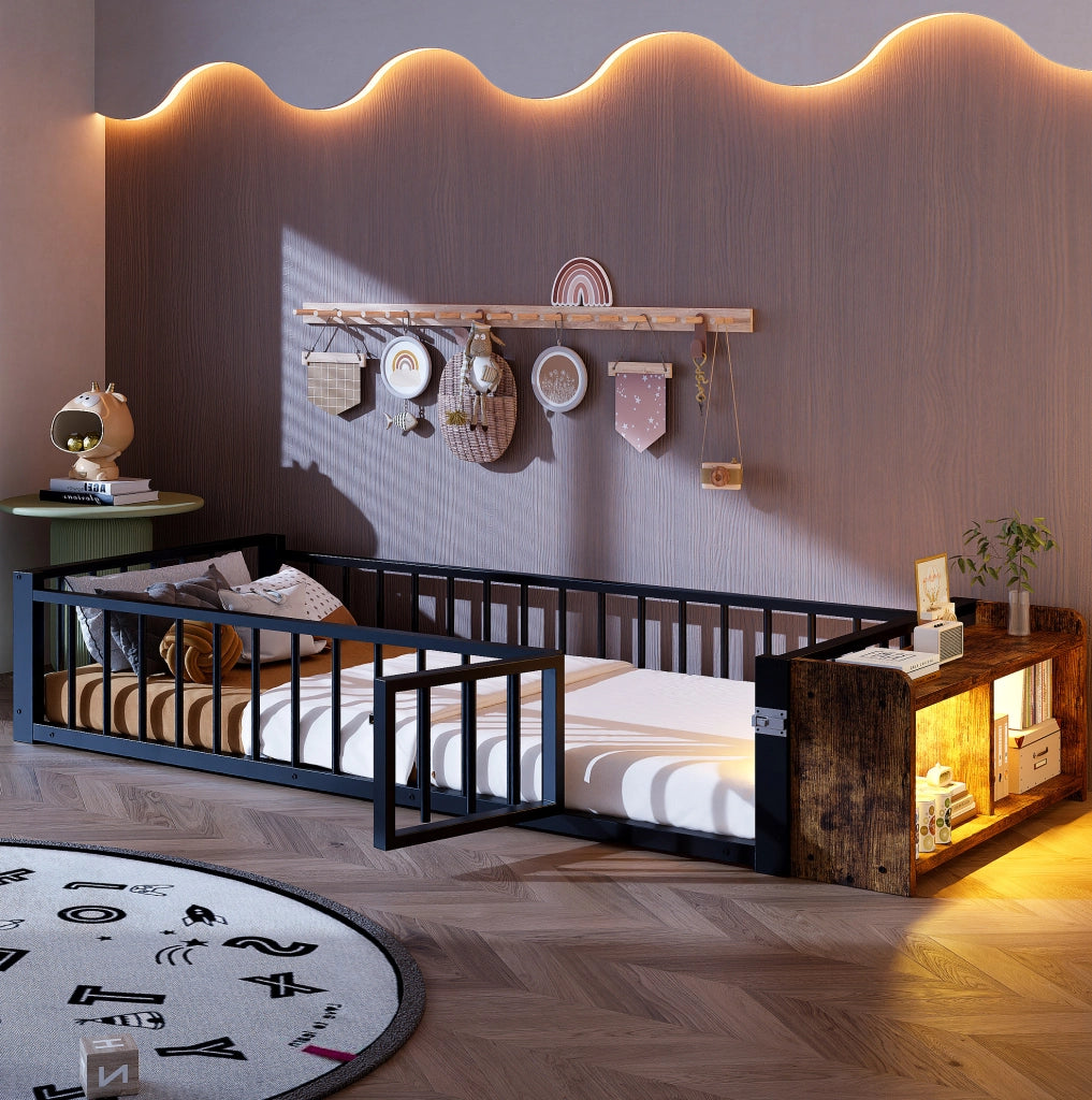 Letto singolo per bambini 90x200 cm con LED e vano, nero