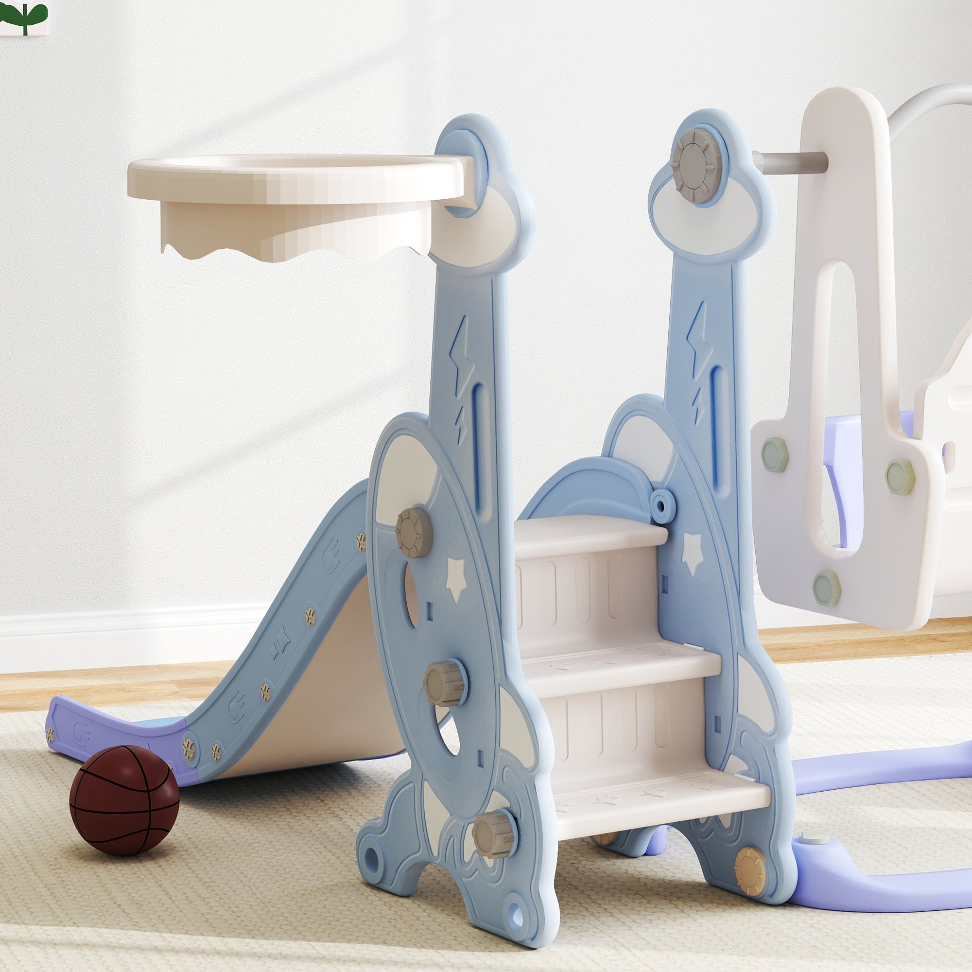 Scivolo per Bambini 4 in 1 con Altalena Canestro Arrampicata 147,5x160x107 cm Azzurro Chiaro