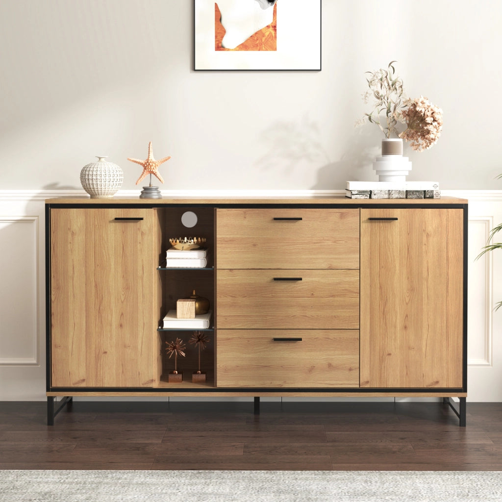 Credenza con 3 cassetti, ripiani regolabili e LED, per soggiorno, legno naturale e nero, 160 × 40 × 85 cm