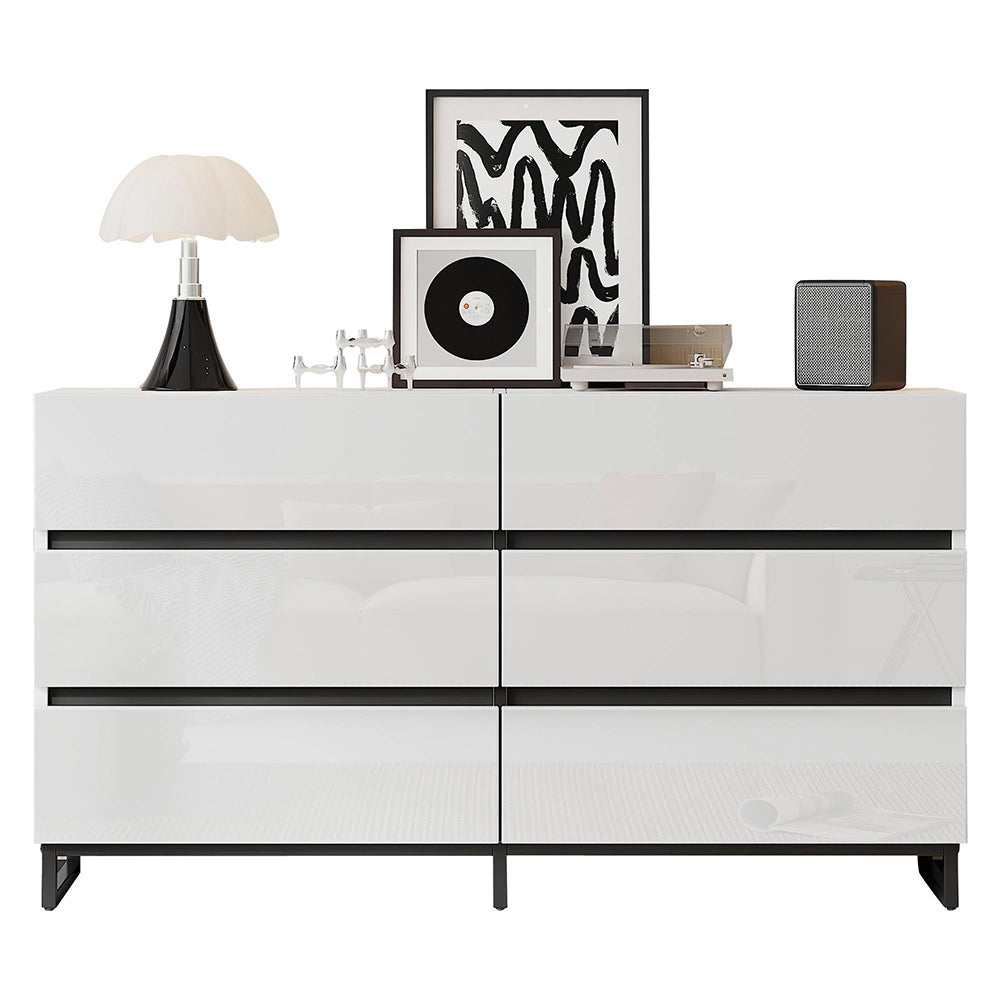 Credenza Soggiorno 140x39.5x78.5cm - Xylo - 6 Cassetti con 3 Piedi Metallici, Bianco/Nero