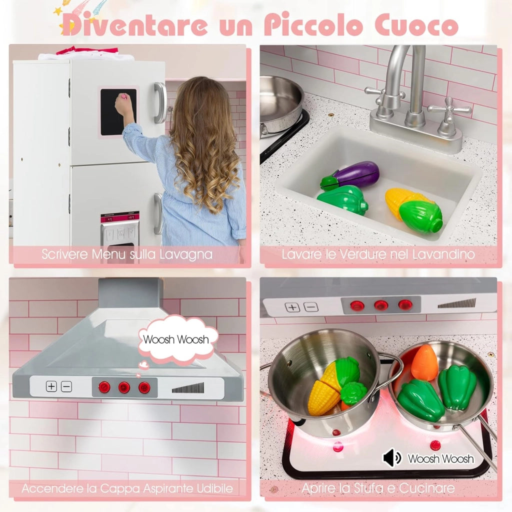 Cucina Giocattolo per Bambini in Legno, Mini Cucina Angolare per Bambini con Luci e Suoni Interattivi e Accessori per Cucina, Ideale per 3+ Anni, Rosa