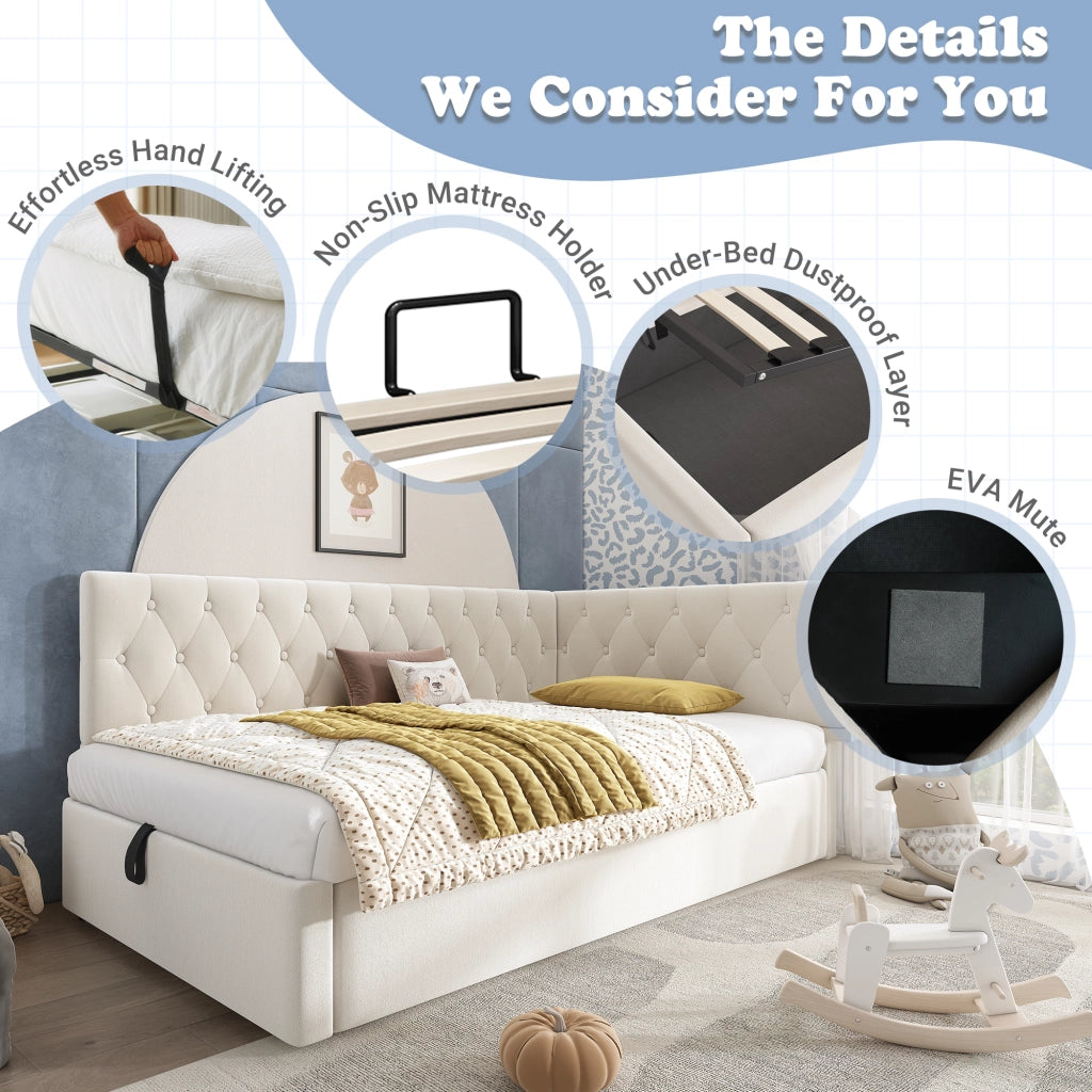 LETTO Divano 90x200 cm con contenitore idraulico in velluto beige