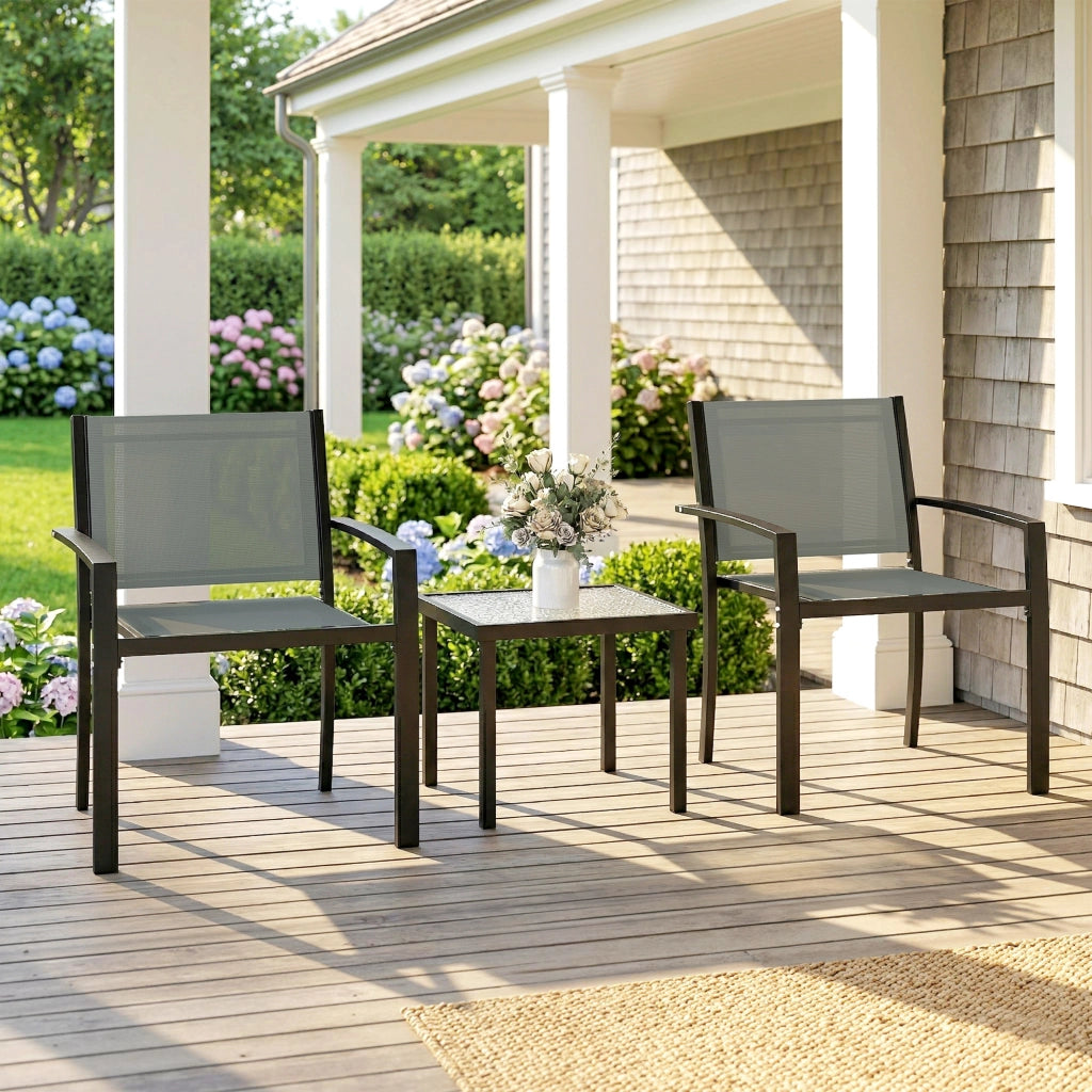 Set Tavolo e Sedie da Giardino 3 Pezzi con 2 Sedie Textilene e Tavolo Vetro Grigio Chiaro ¨C zephmum