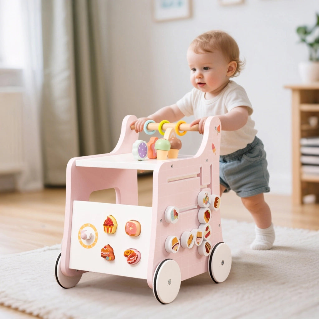 Carrello primi passi in legno con spazio di archiviazione, Carrello primi passi di dolci con gelati Rosa