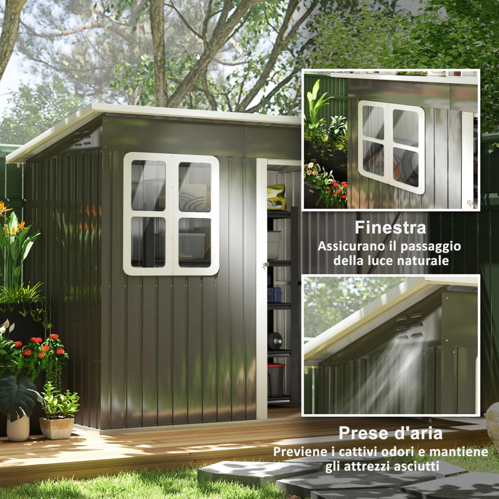 Casetta Box da Giardino 220x130 cm Porta con Blocco Finestra e Prese d'Aria in Acciaio Grigio