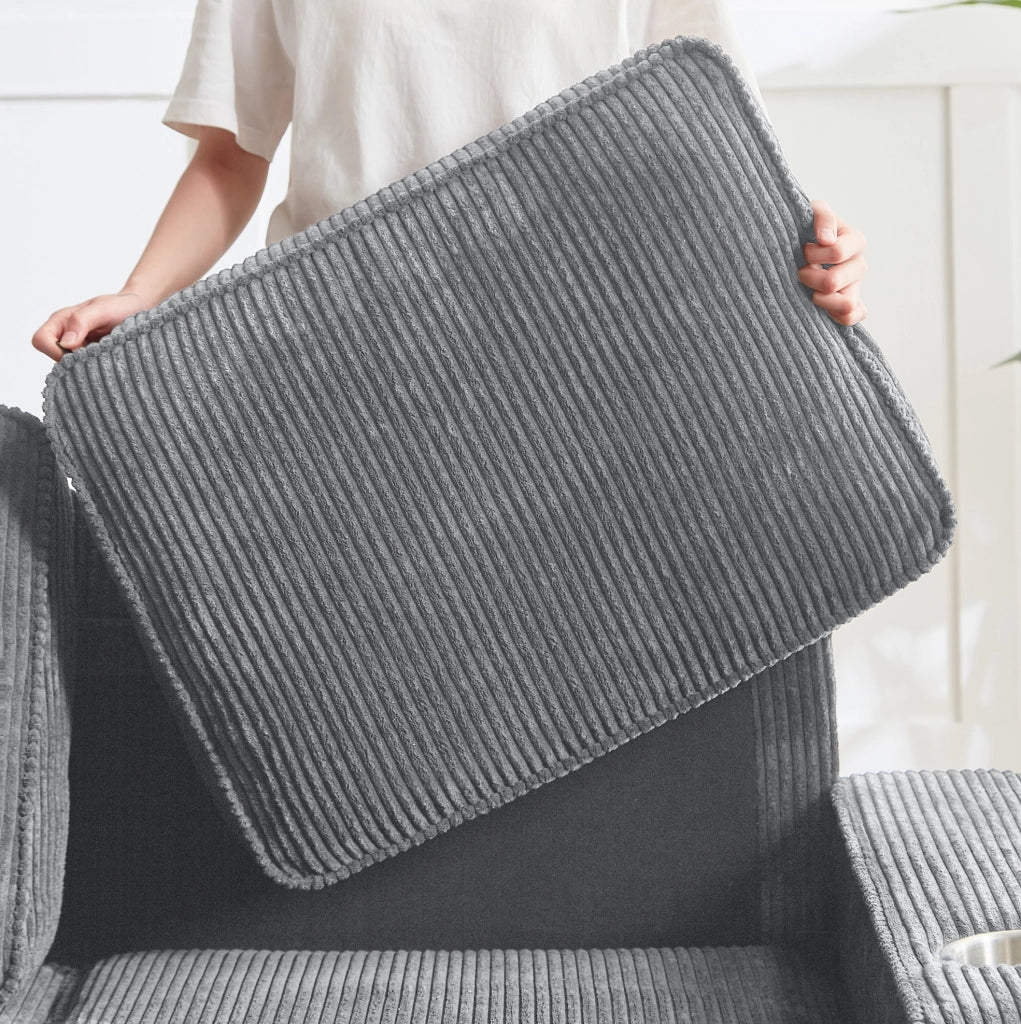 Divano 3 posti in tessuto corduroy grigio con portabicchieri; 206 x 72 x 86 cm