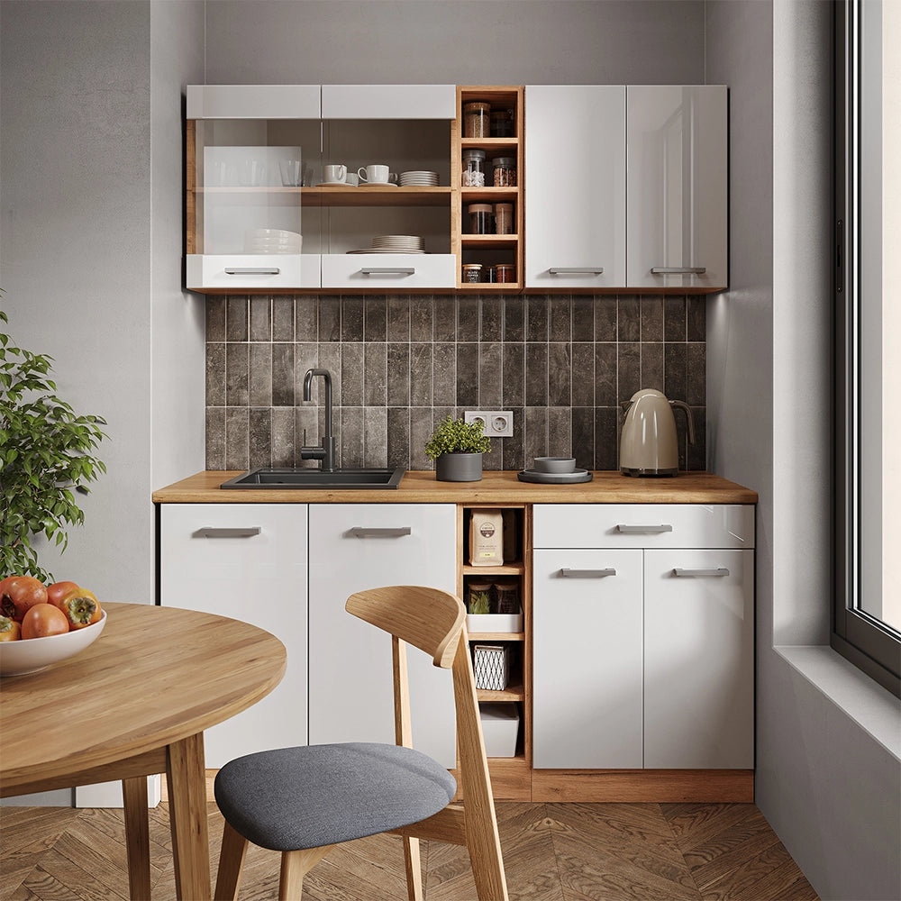 Vicco Cucina completa Bianco lucido/oro power oak 160 cm , PL Antracite