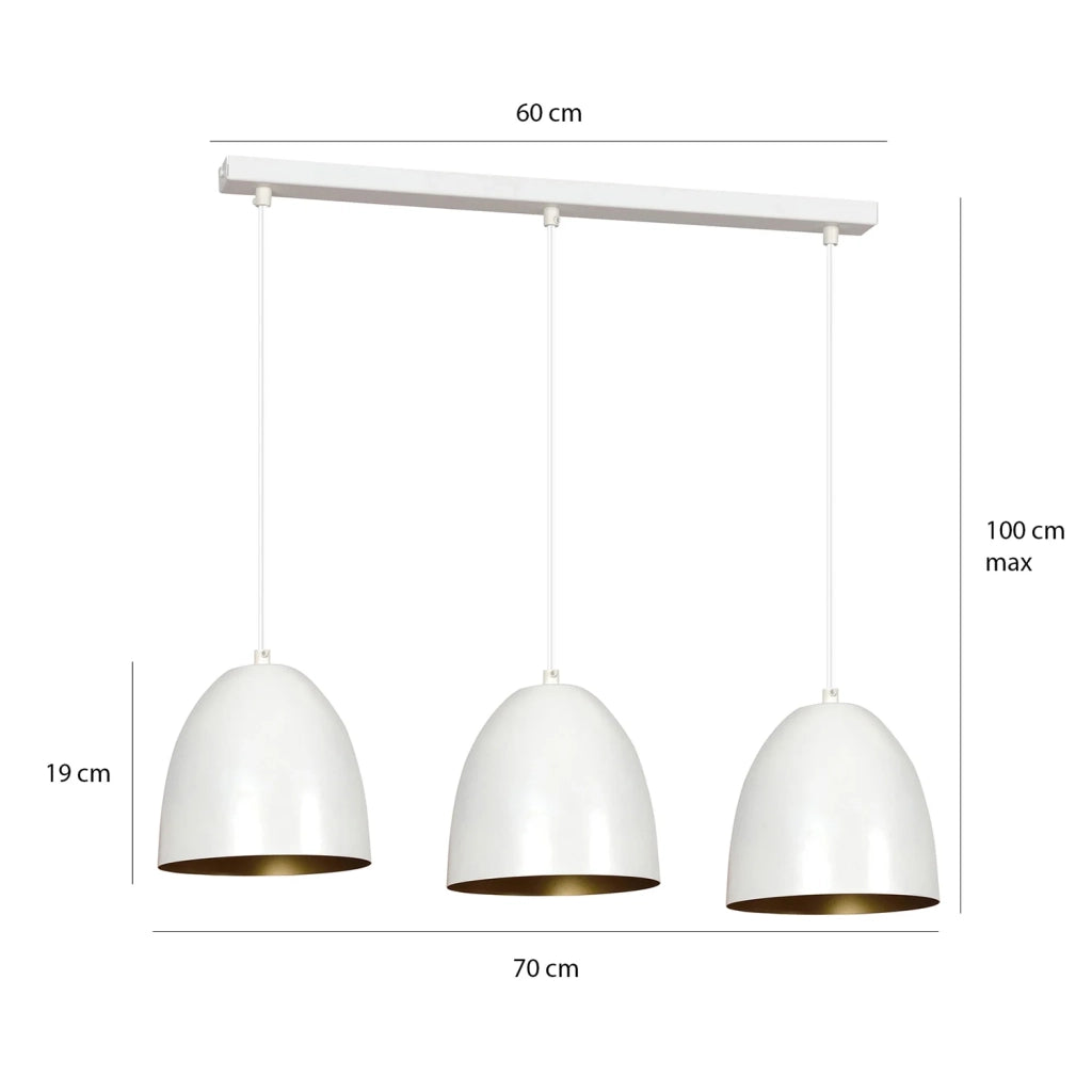 Lampadario 3 Luci Reartù In Acciaio Bianco Con Cupole In Nero E Oro