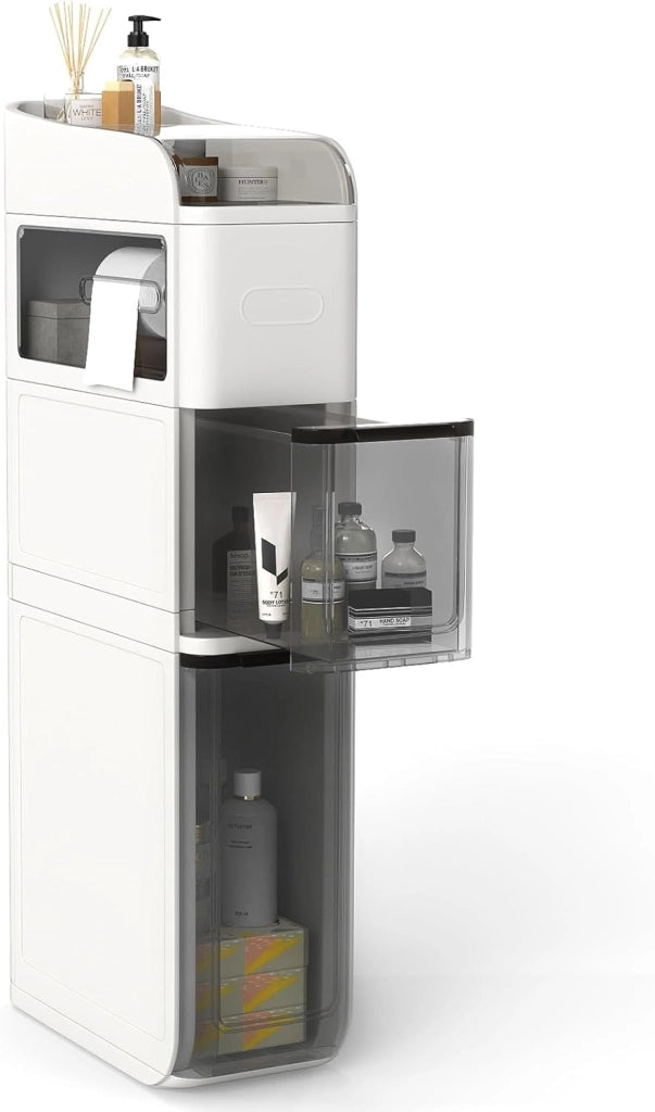 Mobile da Bagno a 4 Ripiani, Mobiletto Stretto da Pavimento con 2 Cassetti, Portafazzoletti e Ripiano Superiore, Armadietto Impermeabile in Plastica su Ruote per Camera da Letto (Bianco)