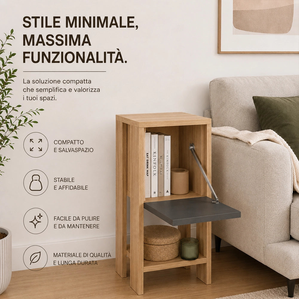 Comodino Mobiletto 2 Ripiani Anta Ribalta Tavolino Moderno Quercia e Antracite