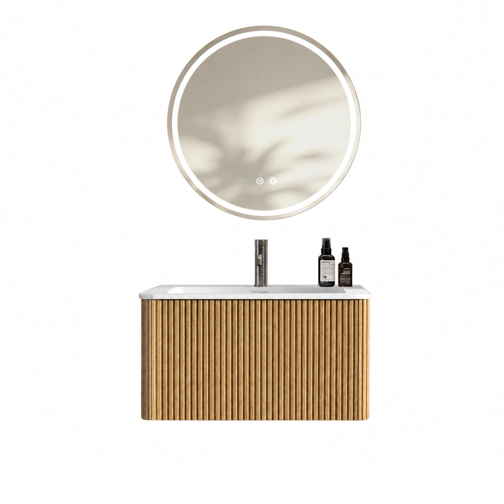 Mobile bagno sospeso con 1 cassetto; lavabo integrato e specchio LED antiappannamento per bagno in MDF rovere
