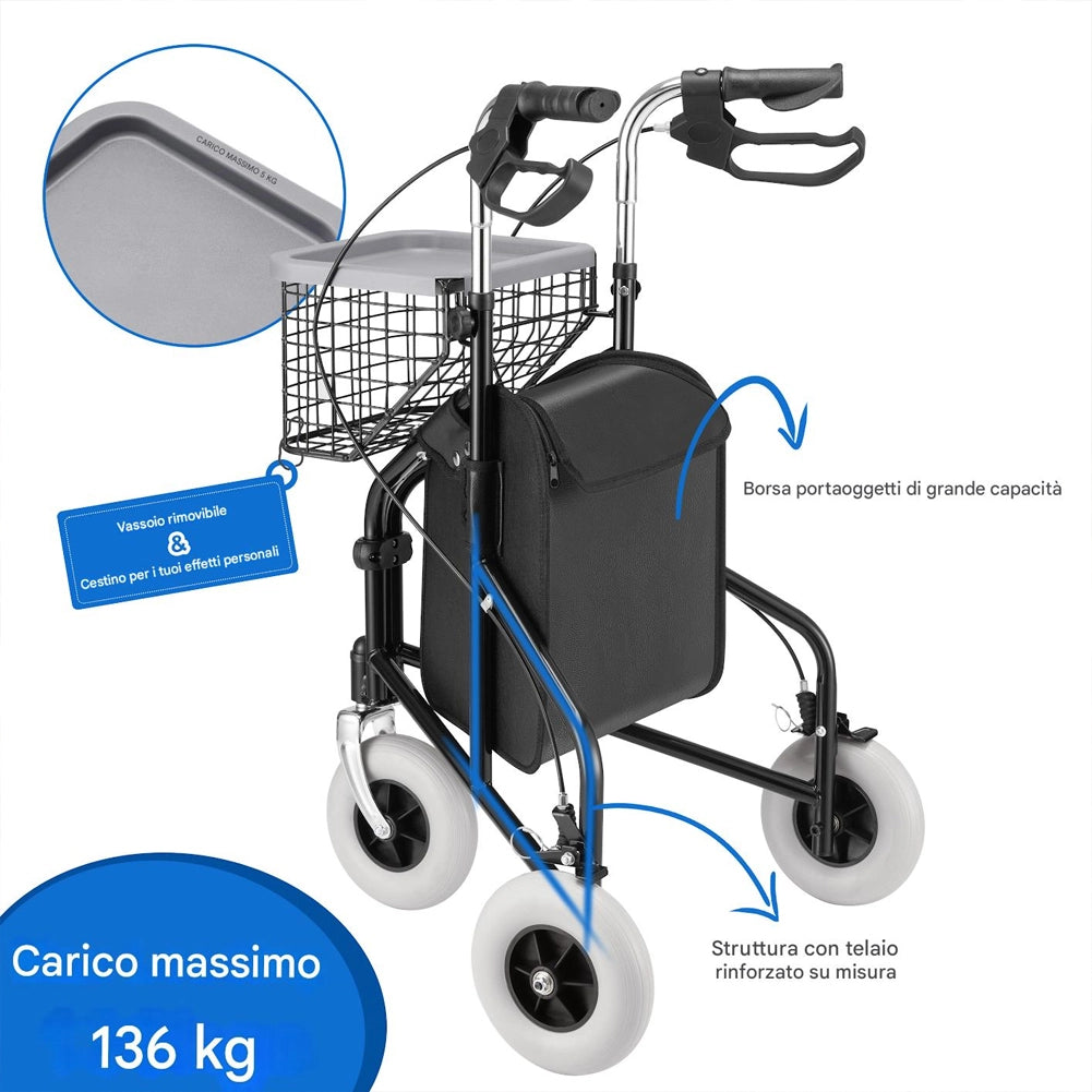 Deambulatore a 3 Ruote e Carrellino per Anzini Disabili Persone Mobilità Ridotta