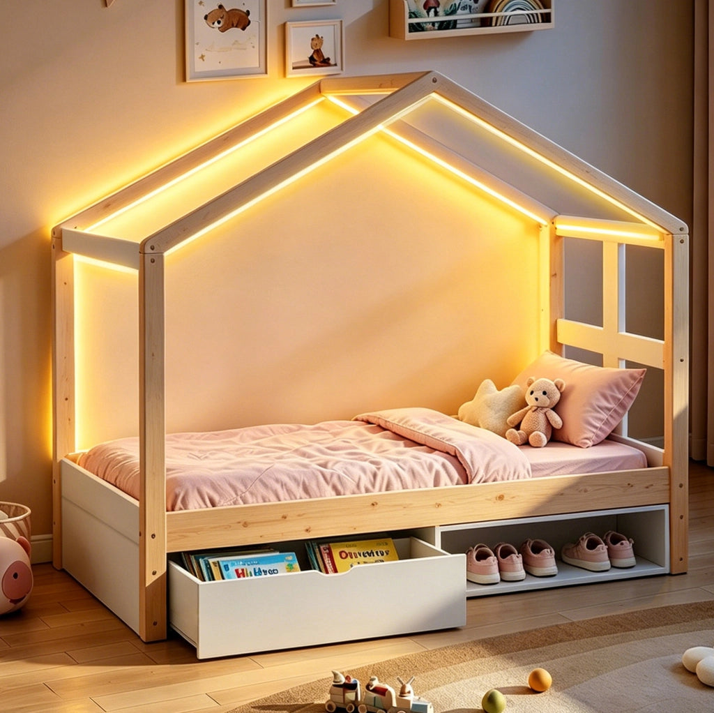 Letto singolo a casetta 90x190 cm in legno naturale con cassetto; scarpiera e LED