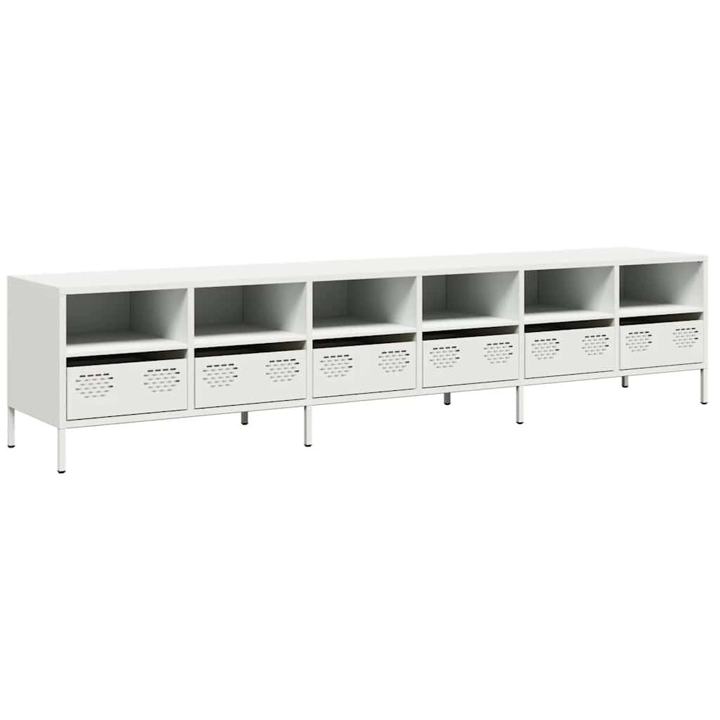 Mobile porta TV con ampio vano contenitore 202 x 39 x 43 cm design moderno per soggiorno realizzato in acciaio laminato a freddo bianco 02_0055643