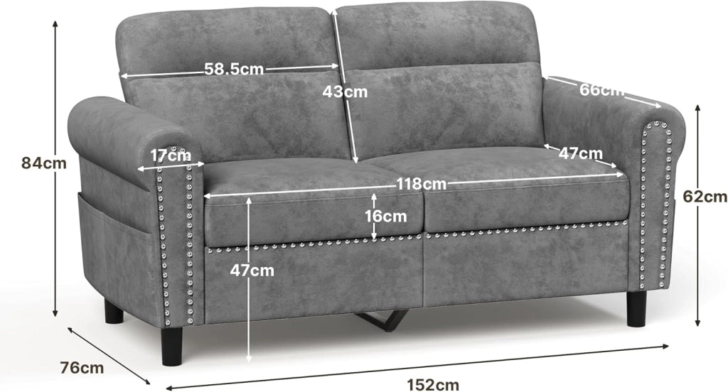 Divano a 2 posti,divanetto con tasca laterale,divano a due posti con cuscini di seduta rimovibili per soggiorno,camera da letto, ufficio,152 x 76 x 84 cm,Grigio scuro (Grigio scuro)