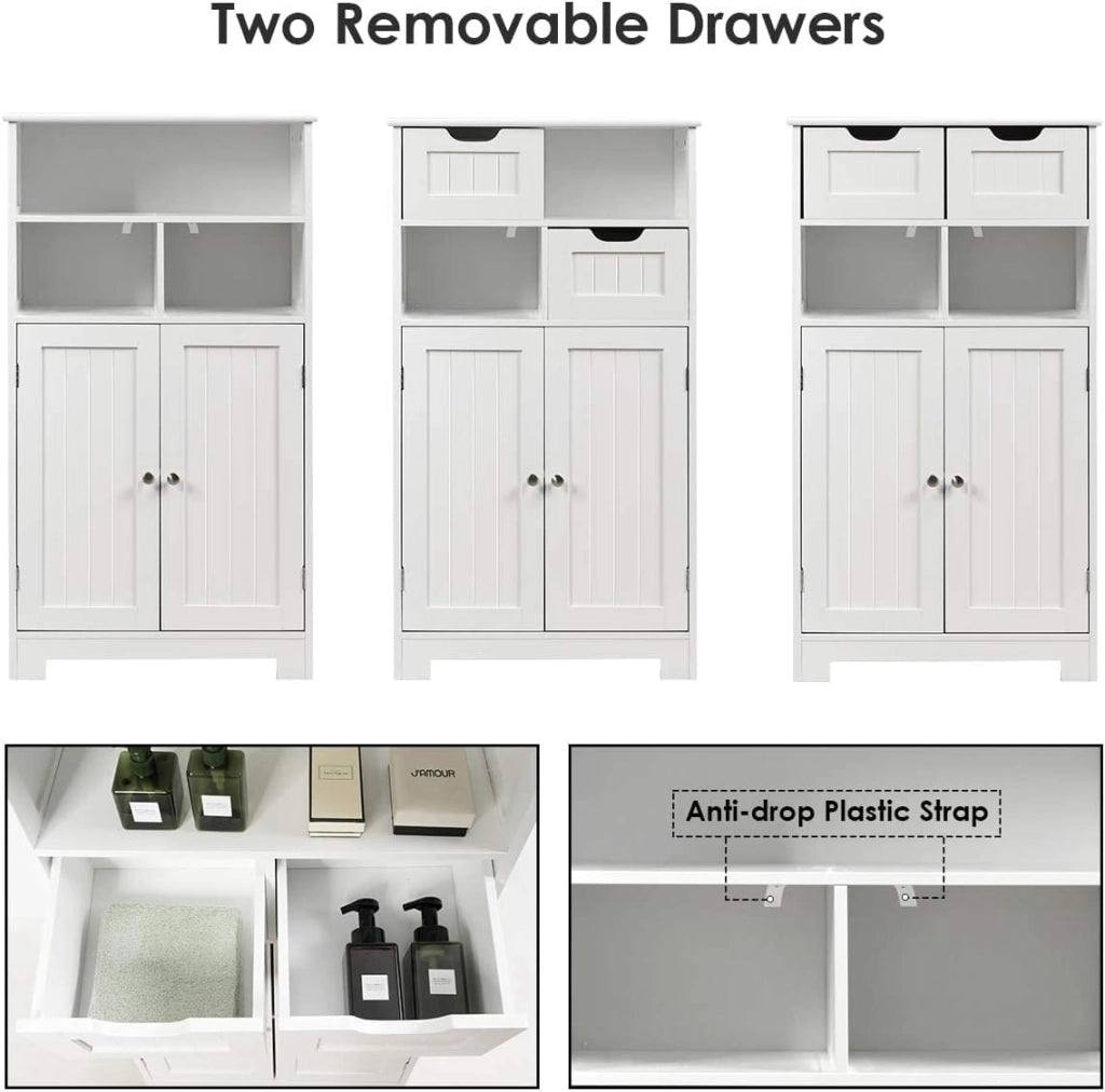 Armadietto Bagno da Terra, Mobiletto Autoportante, con Doppio Ante Legno, Cassetti Rimovibili e Ripiani Regolabili, 30x60x109 cm (Bianco)