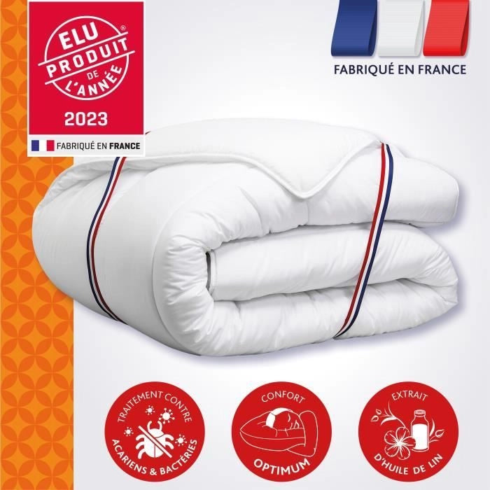 Piumino 140x200 cm DODO CHAMPS DE LIN - Caldo - 450G/m - Piumino 1 persona - Morbido e caldo - Antiacaro Antibatterico - Bianco
