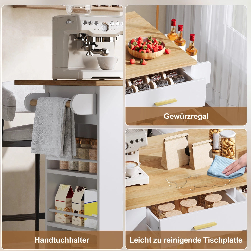 Isola cucina mobile con piano pieghevole; 3 cassetti; ripiani laterali e ruote bloccabili; 120x45(71)x90 cm