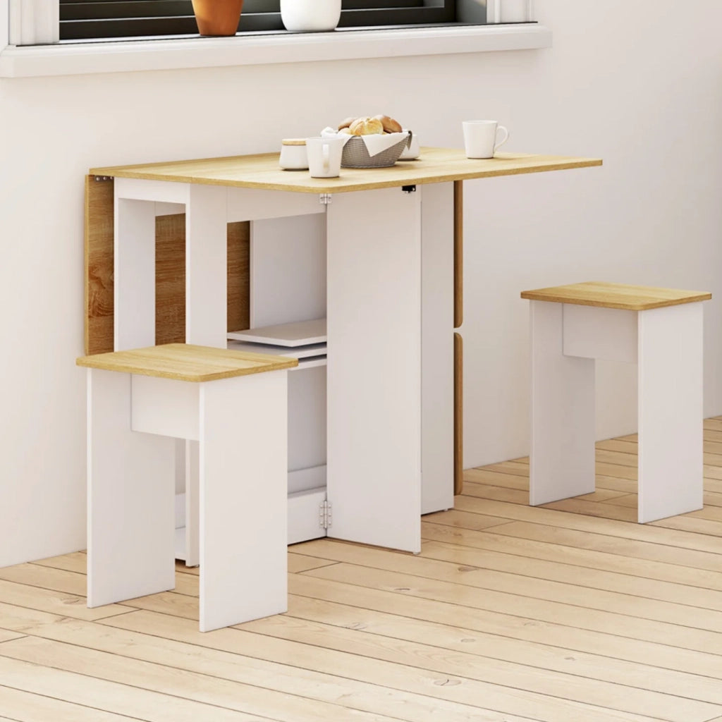 IDMarket - EDI Consolle pieghevole per 2-4 persone in legno bianco con piano in faggio e 4 sgabelli