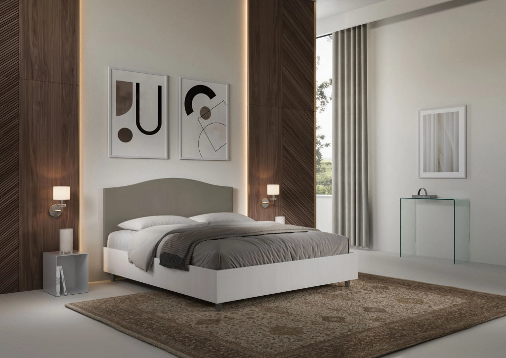 Letto Matrimoniale 160x190 cm con Rete e Contenitore Alzata Comoda Struttura Bianco Frassico e Testata in Similpelle
