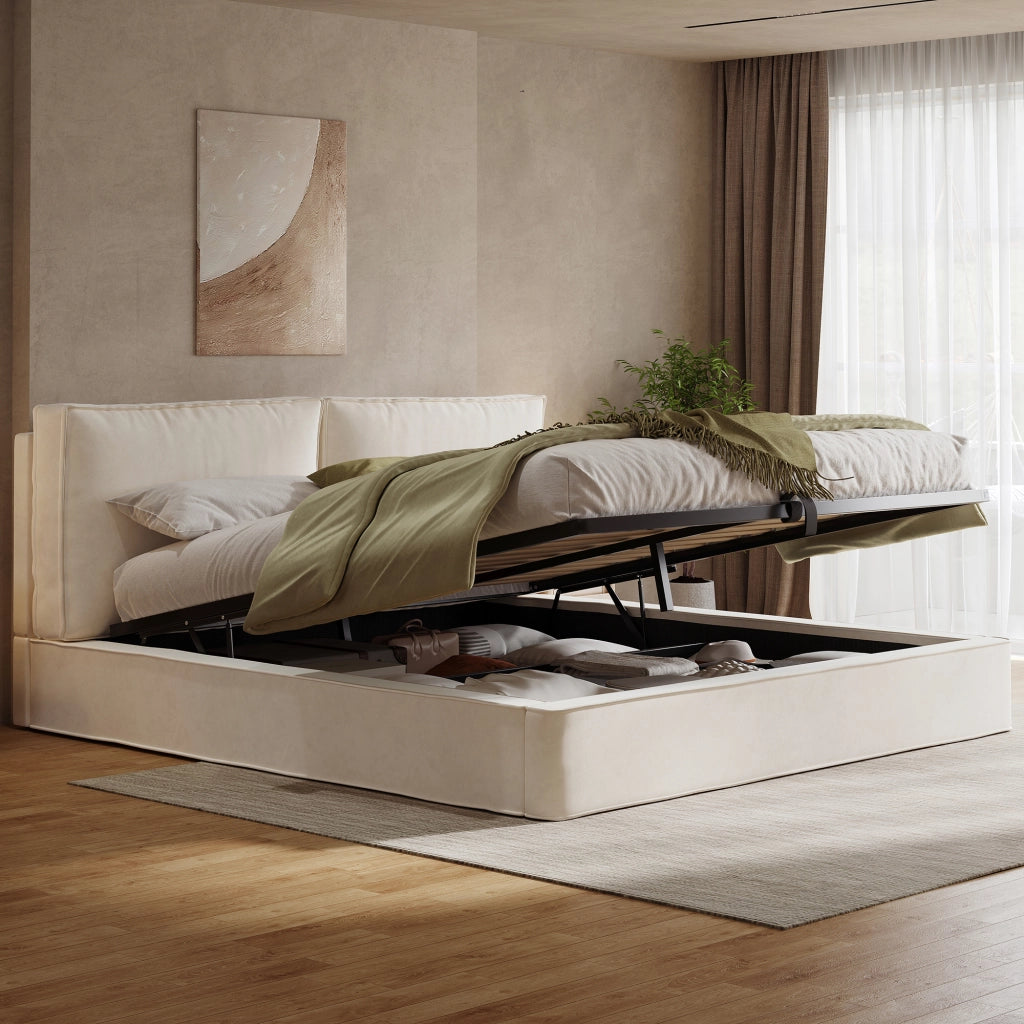 Letto matrimoniale 180x200 cm in velluto beige con contenitore, testiera imbottita e rete a doghe