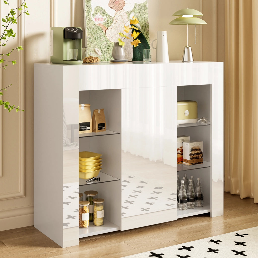 Credenza con 1 Anta e Ripiani in Vetro; Frontale Bianco Lucido; Stile Moderno; in Pannello Truciolare; 95??35??83 cm