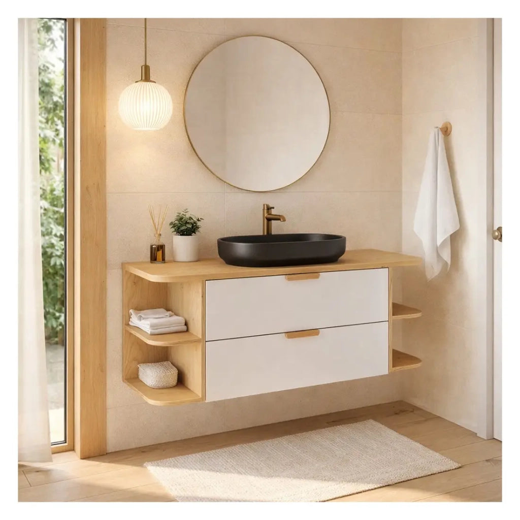 Set OSTER 120cm: mobili sottolavabo con cassetti e nicchie a vista + piano per lavabo + lavabo ovale nero da appoggio
