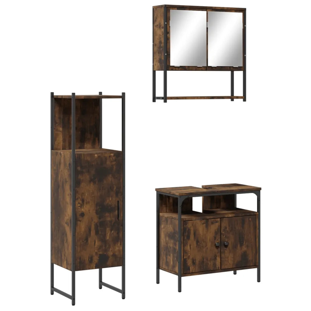 Set Mobili da Bagno | Armadio da bagno 3 pz Rovere Fumo in Legno Multistrato