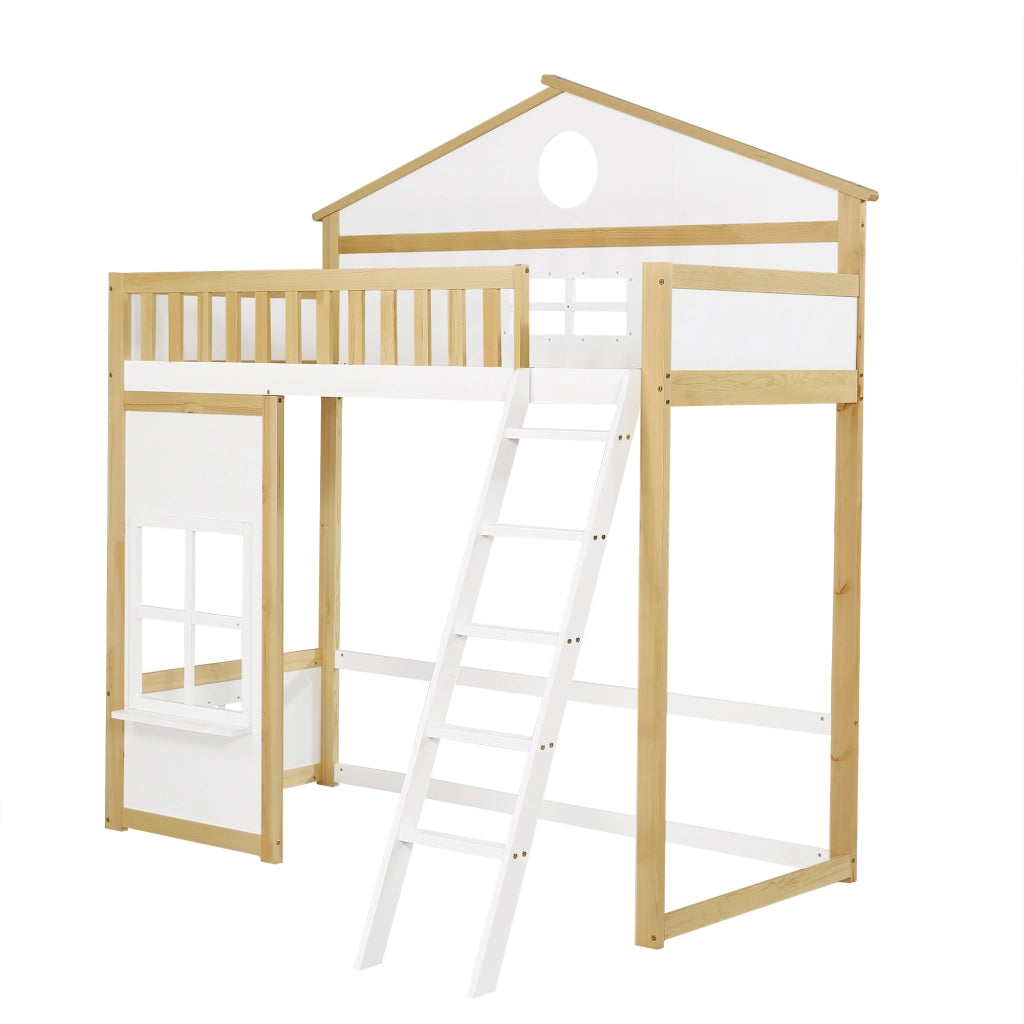 Letto a Castello 90x200 cm - con Scala; Tetto; Finestre e Sponde - Bianco e Naturale