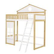 Letto a Castello 90x200 cm - con Scala; Tetto; Finestre e Sponde - Bianco e Naturale