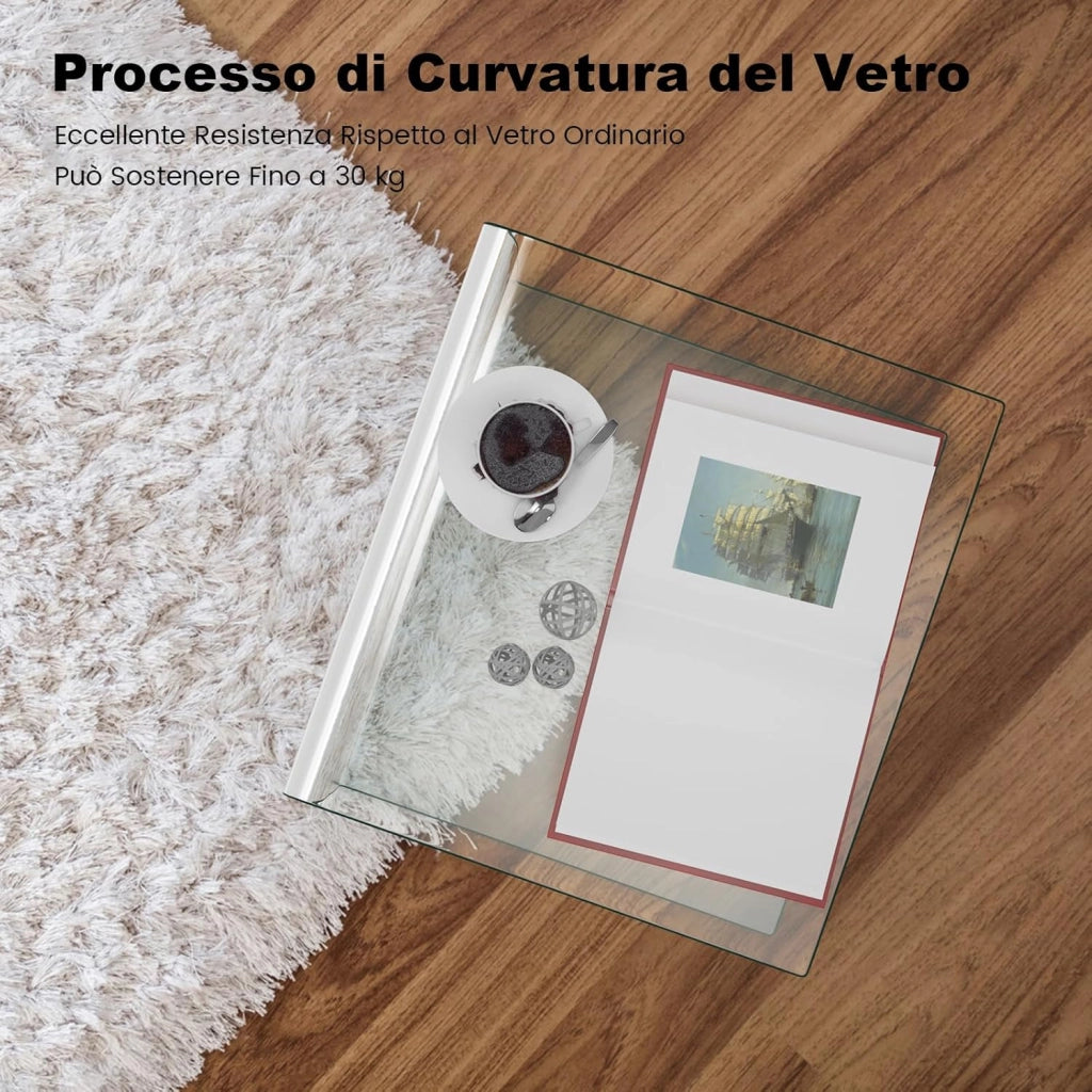 Tavolino da Salotto in Vetro Temperato, Tavolino con Bordi a Cascata & Piedini Antiscivolo, Tavolino Moderno per Camera da Letto, Soggiorno, Ufficio e Hotel, 45 x 45 x 41 cm