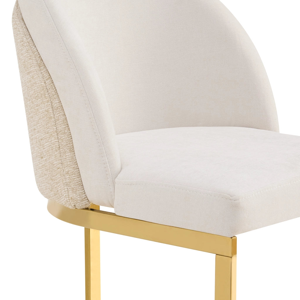 2 sedie da pranzo in Chenille beige e oro, schienale doppio, gambe in metallo galvanizzato, design moderno