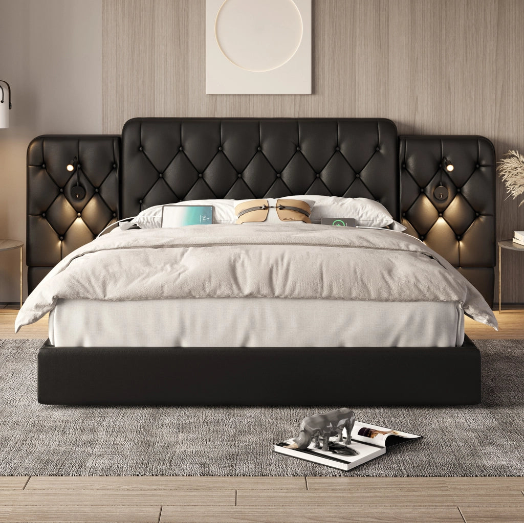 Letto matrimoniale 180x200 cm in pelle PU nera con testiera allungata; luci LED da lettura e USB