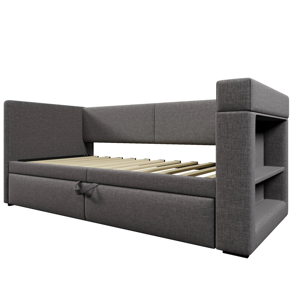 Divano letto 90x200 cm con letto estraibile e USB; cotone e lino grigio