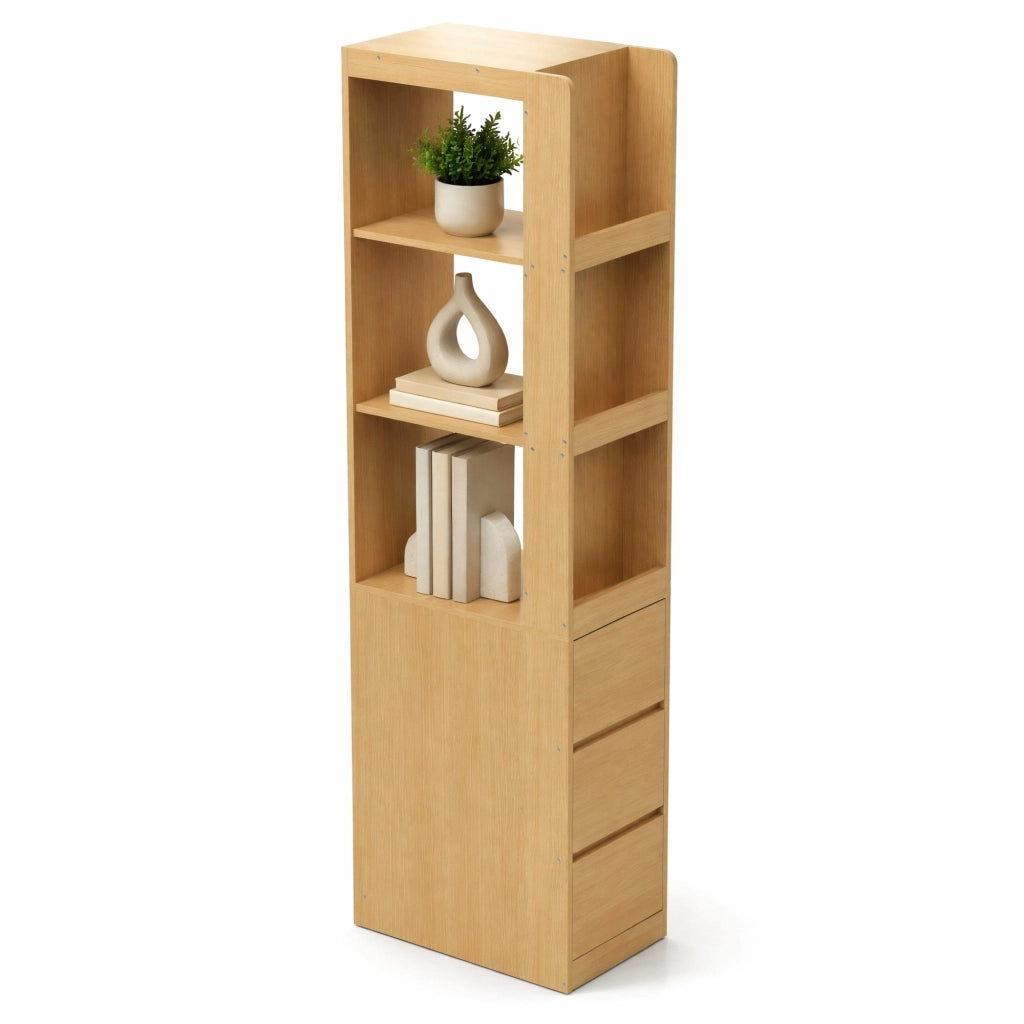 Libreria stretta alta 200 cm con 3 ripiani aperti e 3 cassetti, reversibile, con protezione anti-ribaltamento, 60×40×200 cm