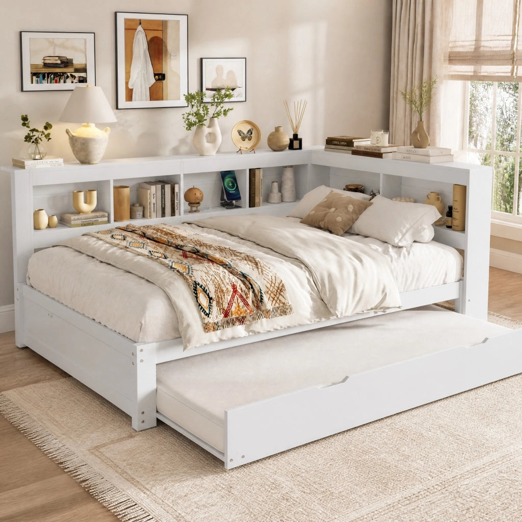 Divano letto bianco 140x200 cm con letto estraibile, prese USB e 2 cassetti