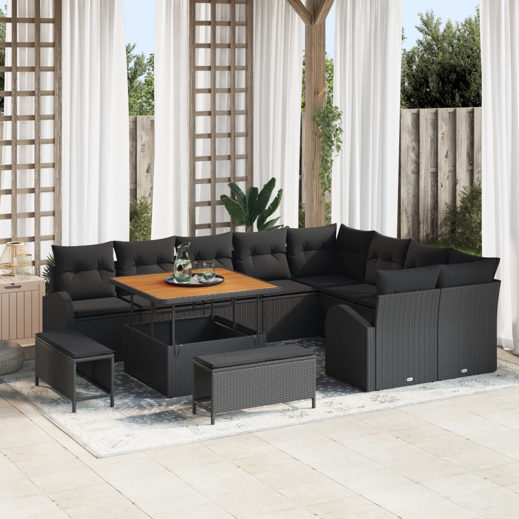 Set Divano Giardino da 12 Pezzi con Cuscini Nero Polyrattan Acacia